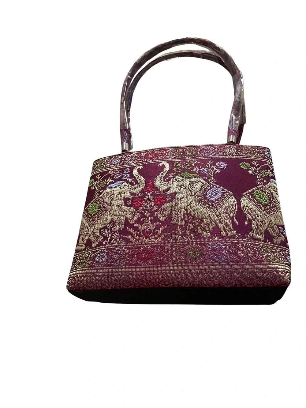Embroidered Elephant Tote in Burgundy with Gold Accents Thai style